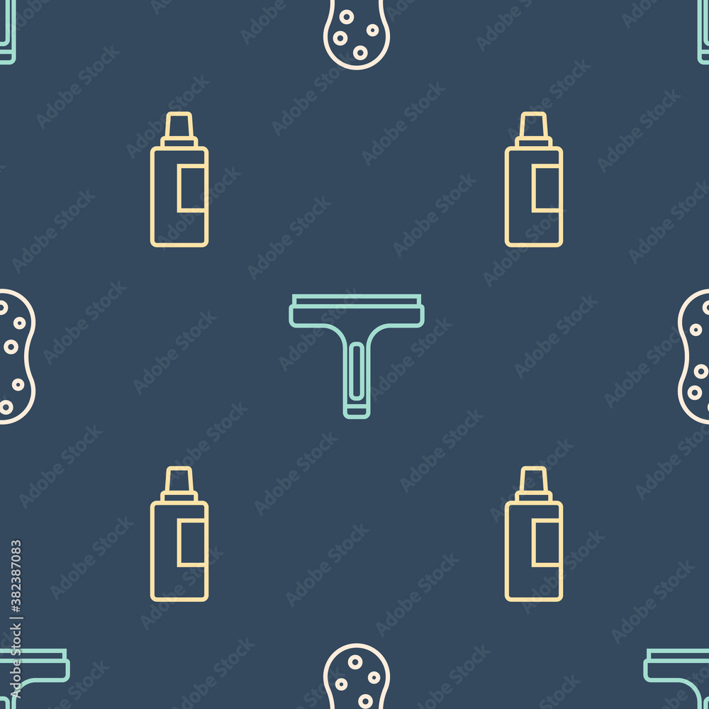 Set line Sponge, Bottle for cleaning agent and Rubber cleaner on seamless pattern. Vector.