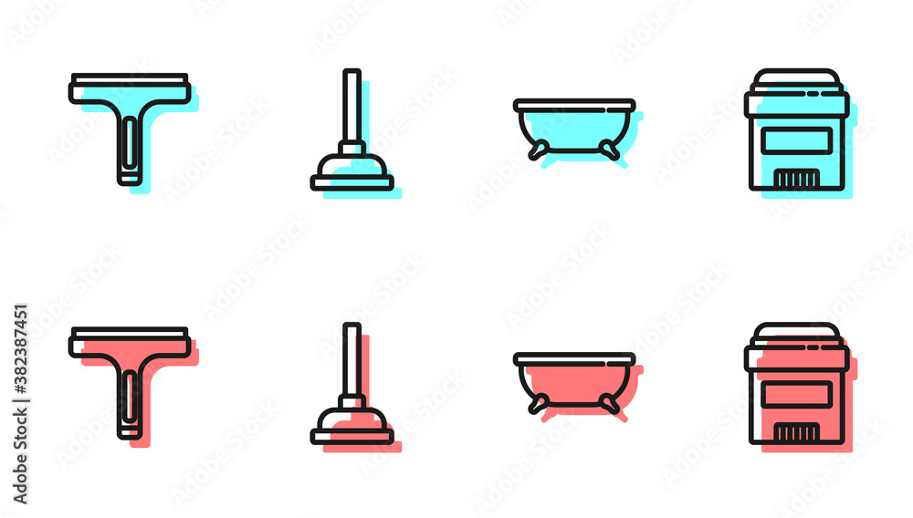 Set line Bathtub, Rubber cleaner, plunger and Antiperspirant deodorant roll icon. Vector.