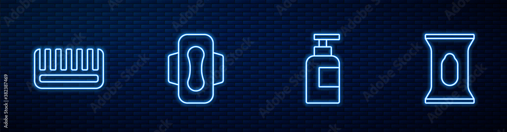 Set line Bottle of shampoo, Hairbrush, Sanitary napkin and Wet wipe pack. Glowing neon icon on brick