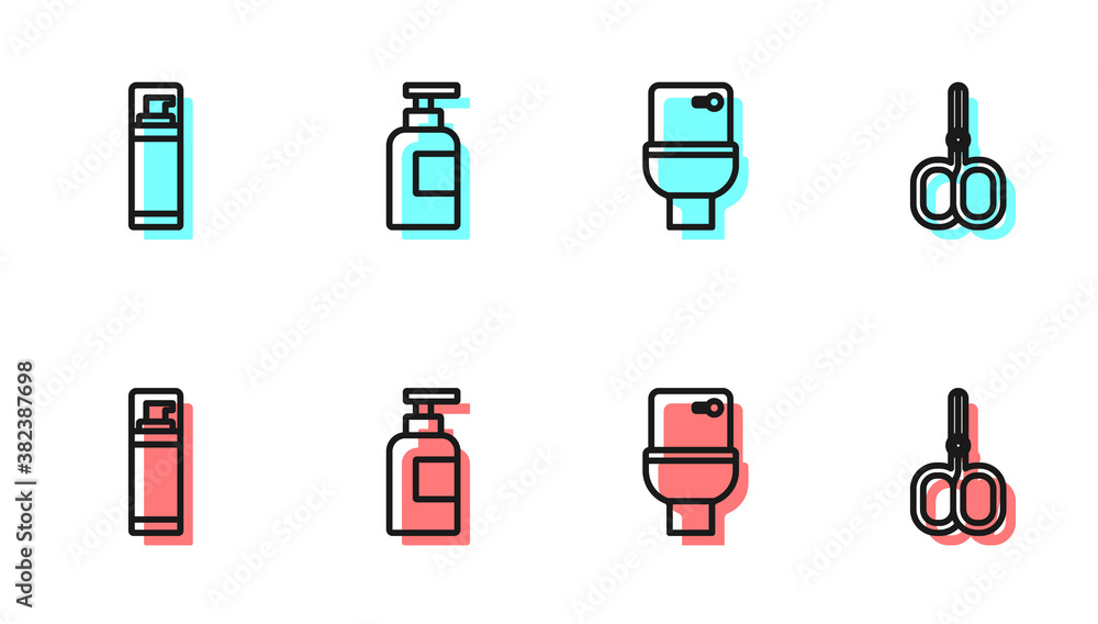 Set line Toilet bowl, Shaving gel foam, Bottle of shampoo and Nail scissors icon. Vector.