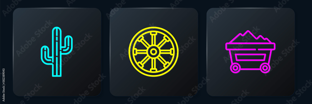 Set line Cactus, Coal mine trolley and Old wooden wheel. Black square button. Vector.