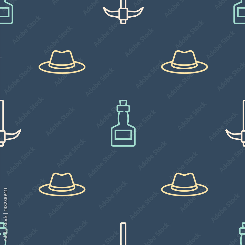 Set line Pickaxe, Western cowboy hat and Tabasco sauce on seamless pattern. Vector.