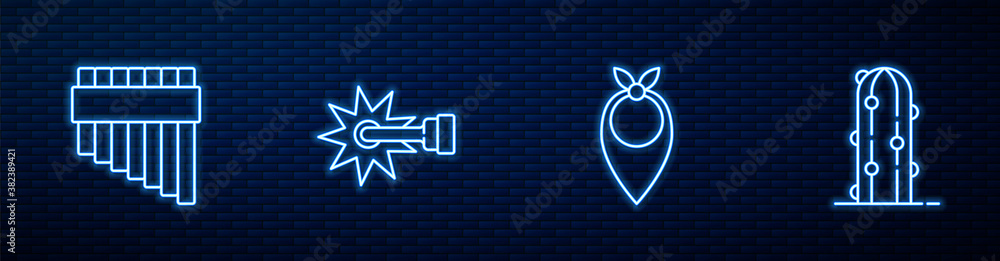 Set line Cowboy bandana, Pan flute, Spur and Cactus. Glowing neon icon on brick wall. Vector.