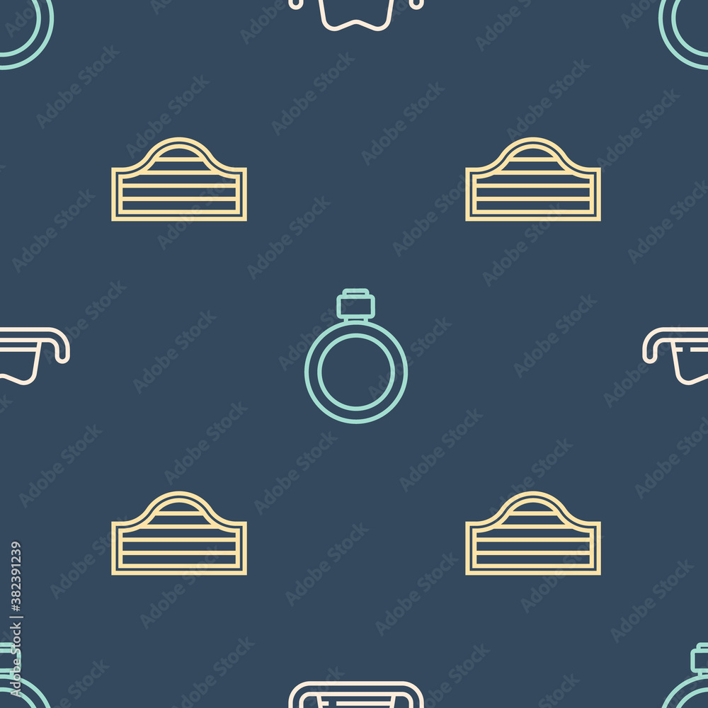 Set line Western cowboy hat, Saloon door and Canteen water bottle on seamless pattern. Vector.