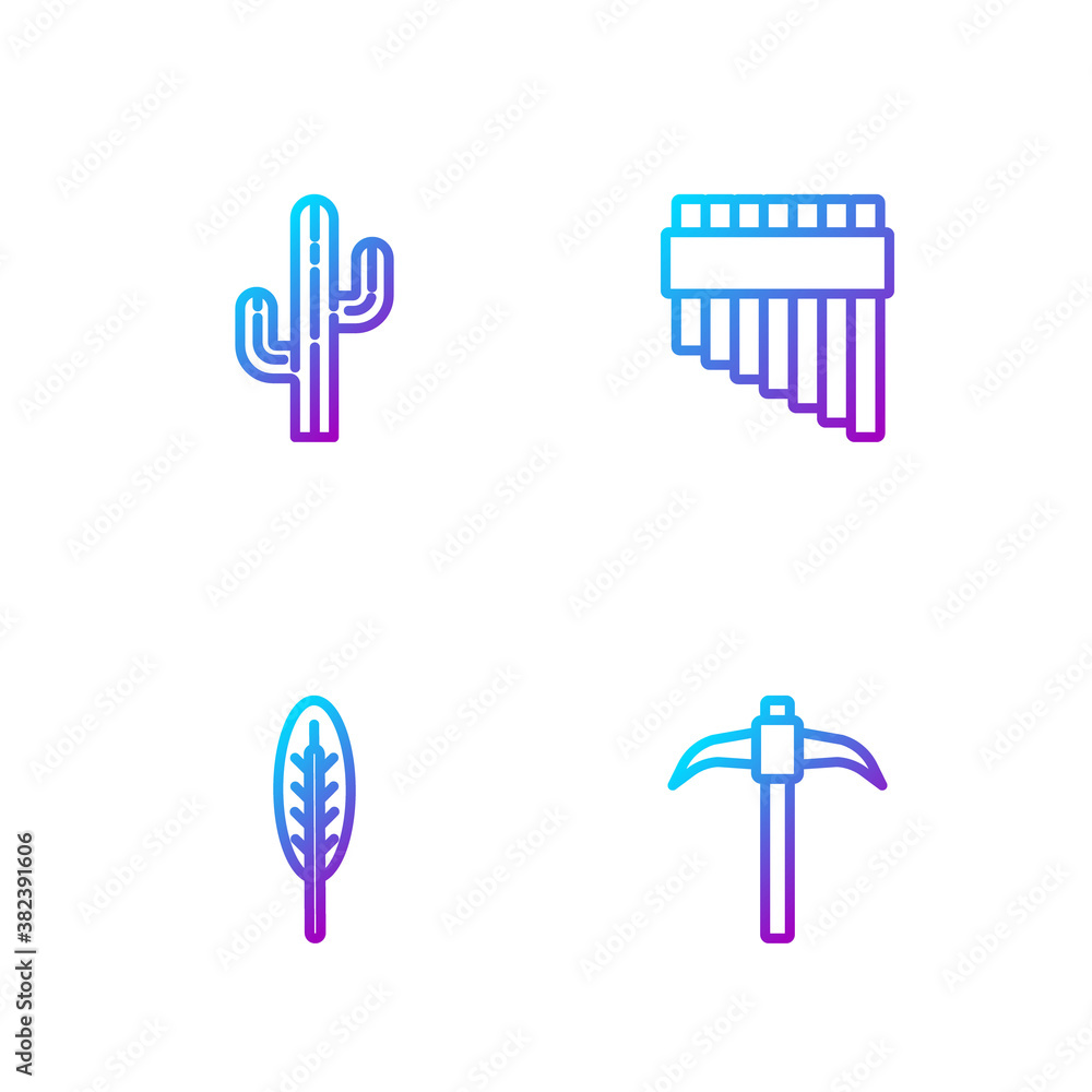 Set line Pickaxe, Indian feather, Cactus and Pan flute. Gradient color icons. Vector.