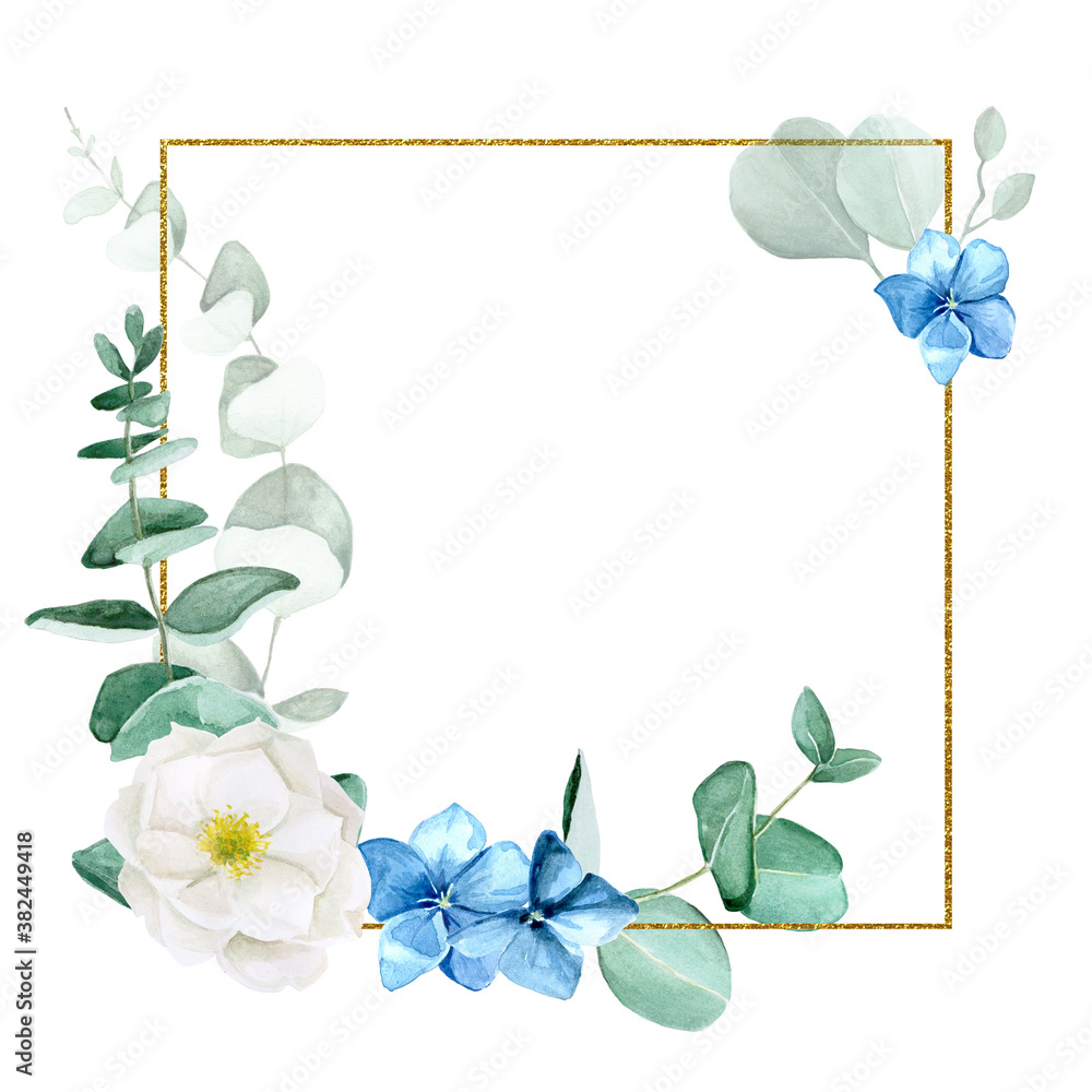 square golden frame with watercolor flowers and eucalyptus leaves. rectangular shining frame, vintag