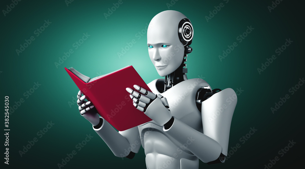 3D illustration of robot humanoid reading book in concept of future artificial intelligence and 4th 