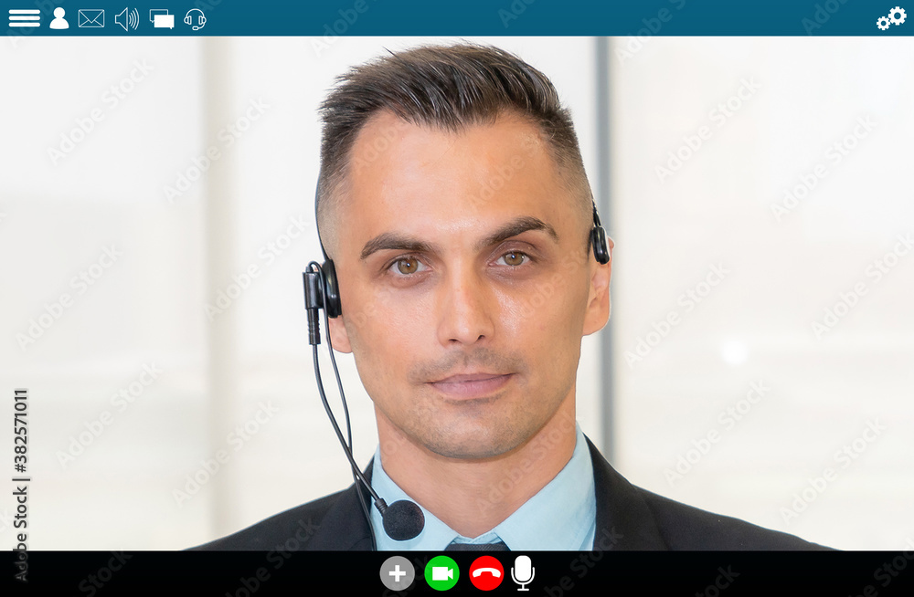 Business people meeting in video conference app on laptop monitor view . Online seminar application 