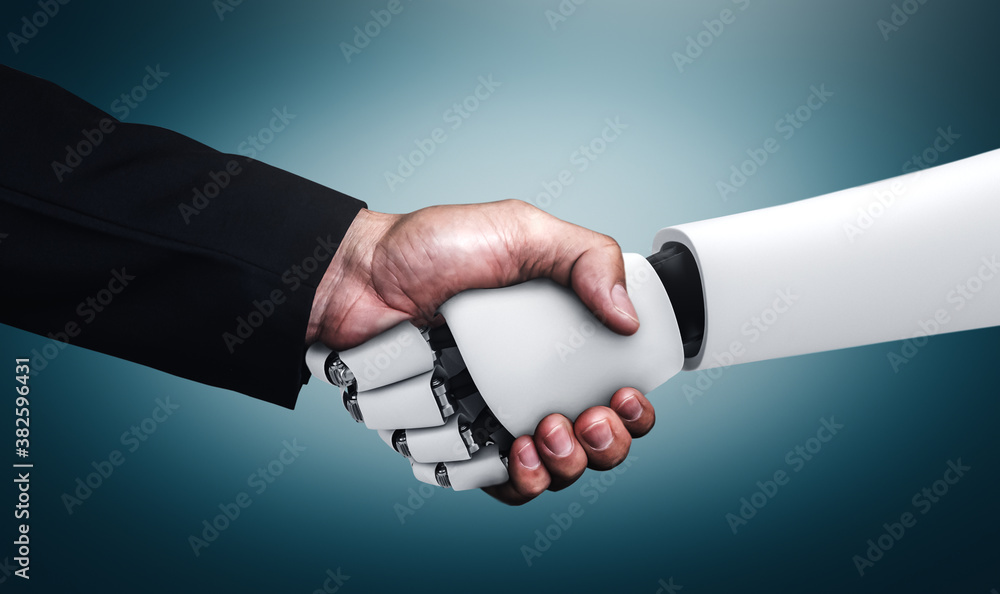 3D rendering humanoid robot handshake to collaborate future technology development by AI thinking br