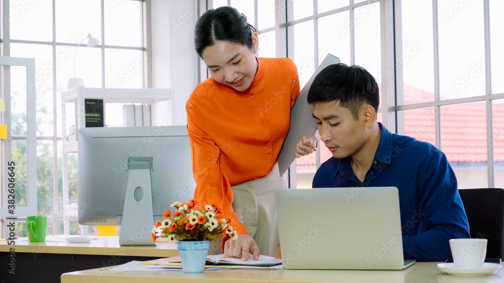 Two business people talk project strategy at office meeting room. Businessman discuss project planni