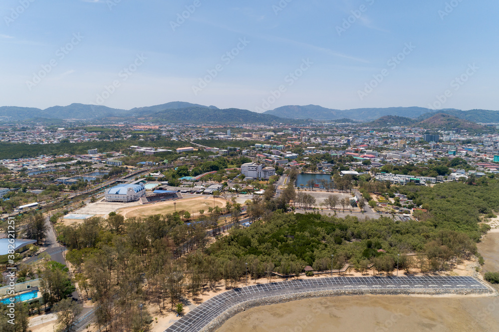 Aerial view drone shot of saparnhin park in phuket thailand.