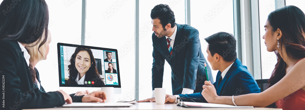 Video call group business people meeting on virtual workplace or remote office. Telework conference 