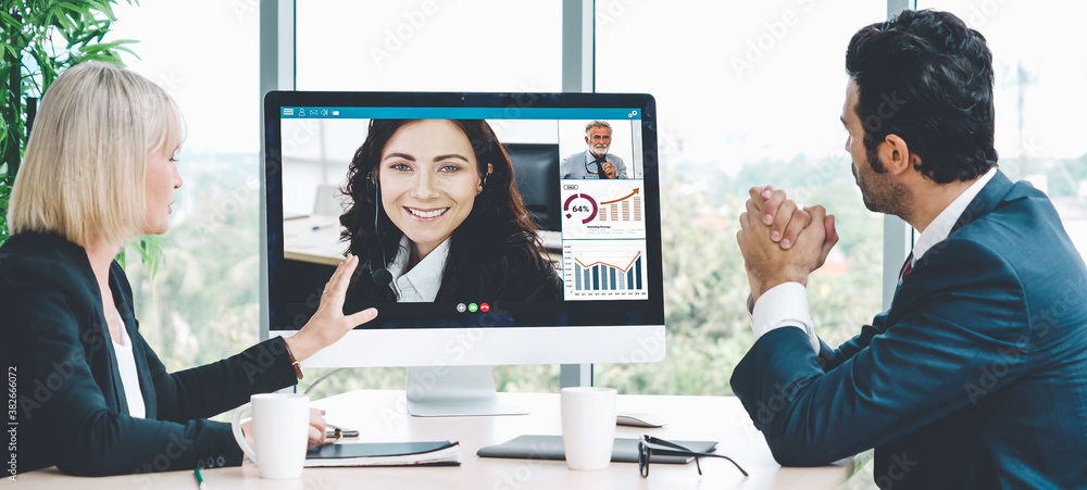 Video call group business people meeting on virtual workplace or remote office. Telework conference 