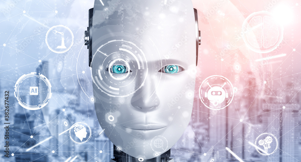 Robot humanoid face close up with graphic concept of AI thinking brain , artificial intelligence and