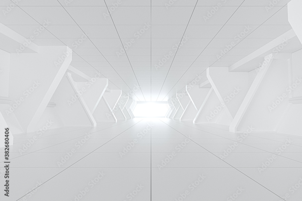 White tunnel with light in the end, 3d rendering.