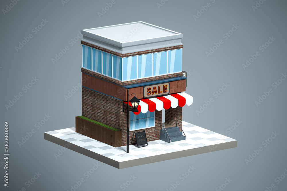 Cartoon store, modern shop building, 3d rendering.