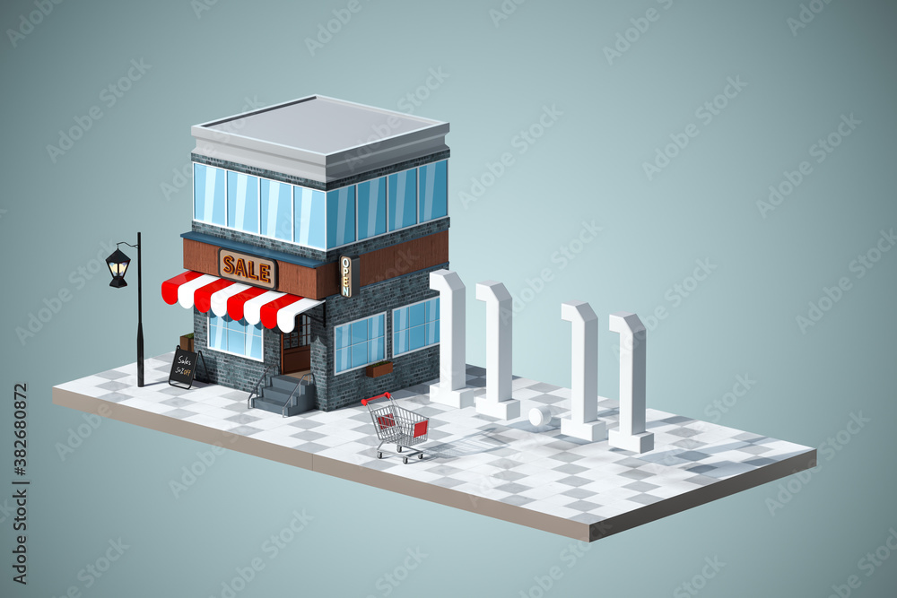 Cartoon store, modern shop building, 3d rendering.