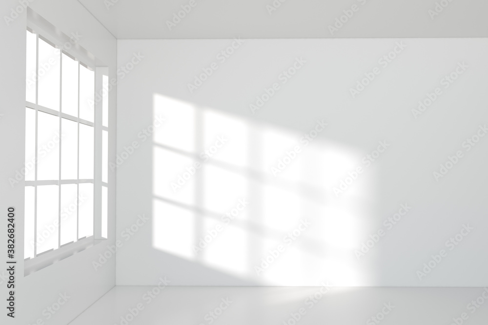 White empty room with sunlight come from the window, 3d rendering.