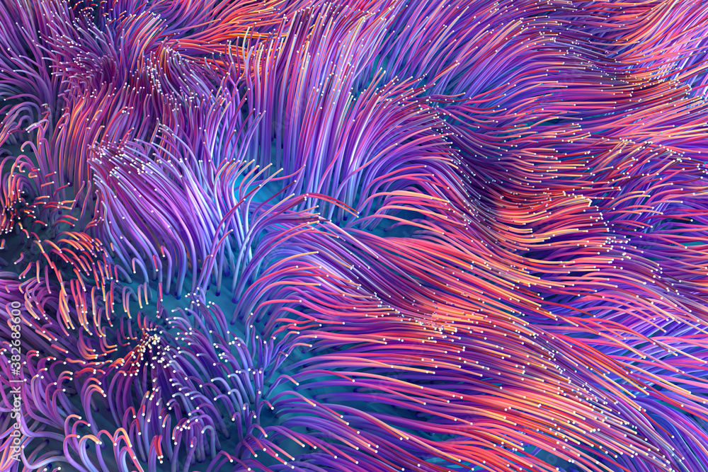 Growing wavy particles, abstract color background, 3d rendering.