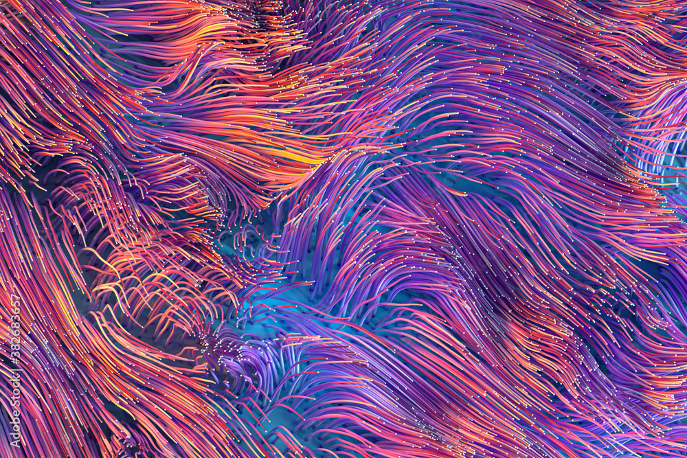 Growing wavy particles, abstract color background, 3d rendering.