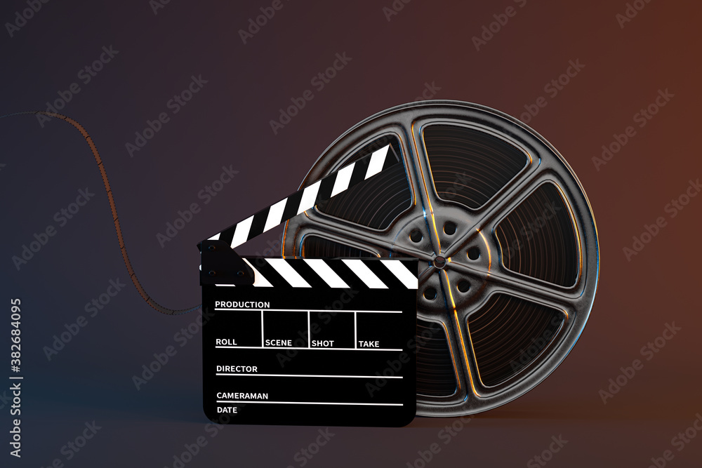 Clapper board and film tape with dark background, 3d rendering.