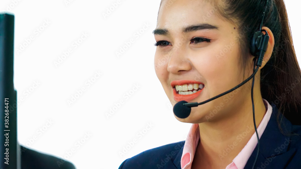 Business people wearing headset working in office to support remote customer or colleague. Call cent