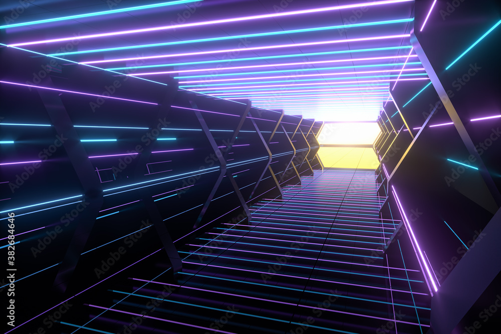 Dark spaceship tunnel with glowing lines, 3d rendering.