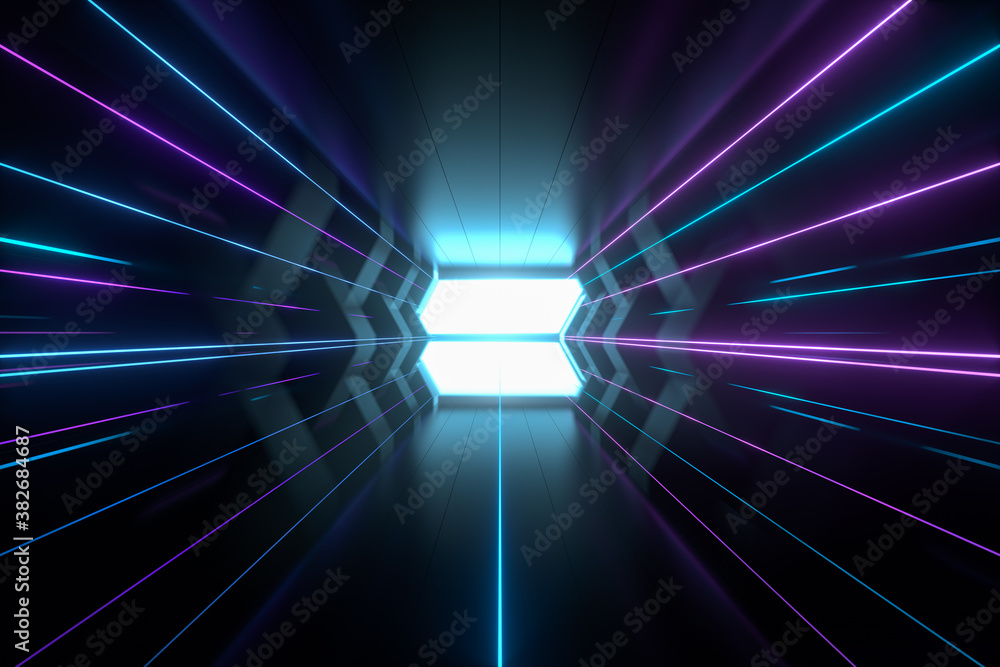 Dark spaceship tunnel with glowing lines, 3d rendering.