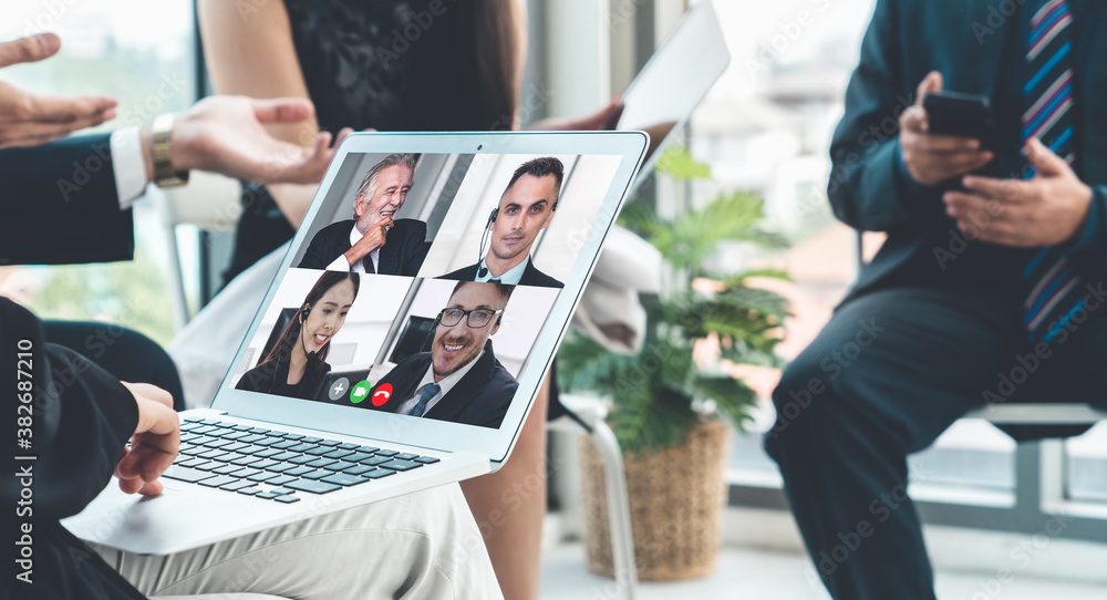 Video call group business people meeting on virtual workplace or remote office. Telework conference 