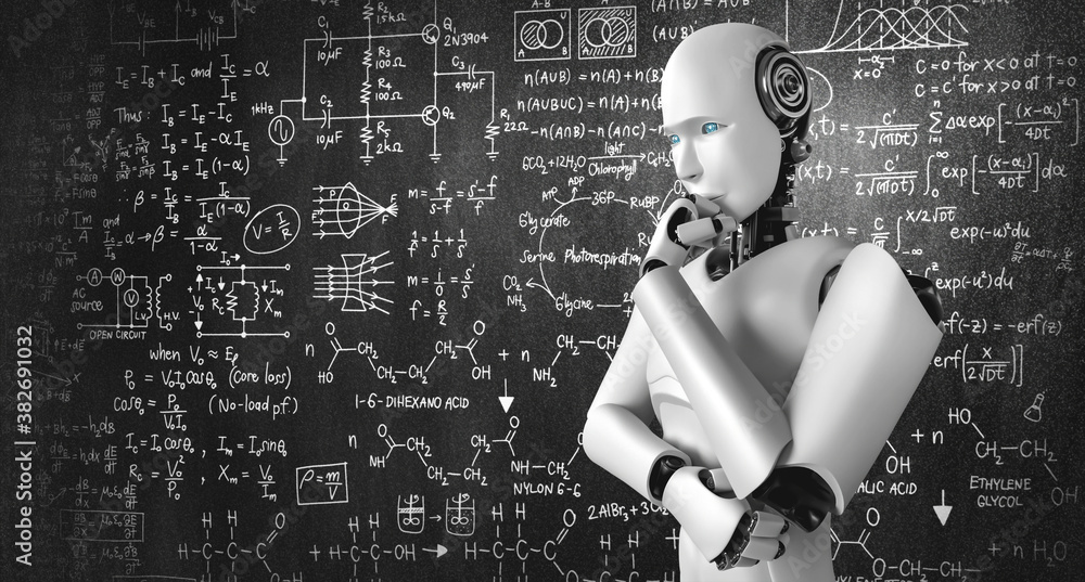 Thinking AI humanoid robot analyzing screen of mathematics formula and science equation by using art