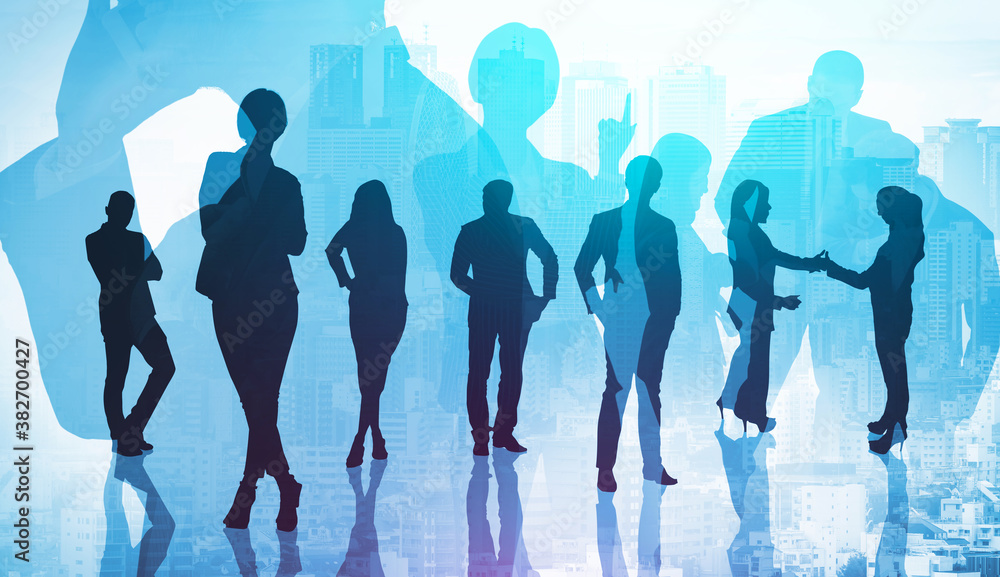 Abstract image of many business people together in group on background of city view with office buil