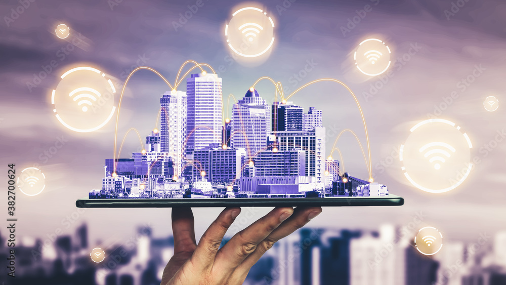 The modern creative communication and internet network connect in smart city . Concept of 5G wireles