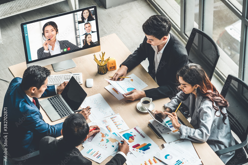 Video call group business people meeting on virtual workplace or remote office. Telework conference 