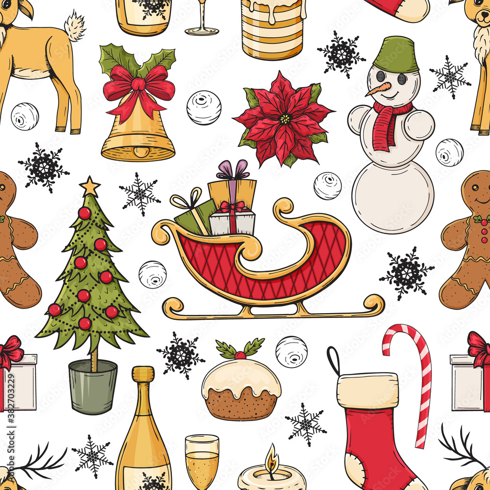 Hand drawn colorful seamless pattern with christmas elements on white background. Doodle. Endless te