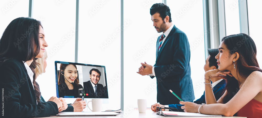 Video call group business people meeting on virtual workplace or remote office. Telework conference 