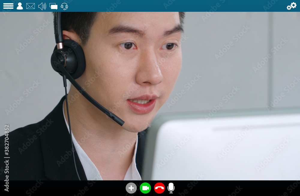 Business people meeting in video conference app on laptop monitor view . Online seminar application 