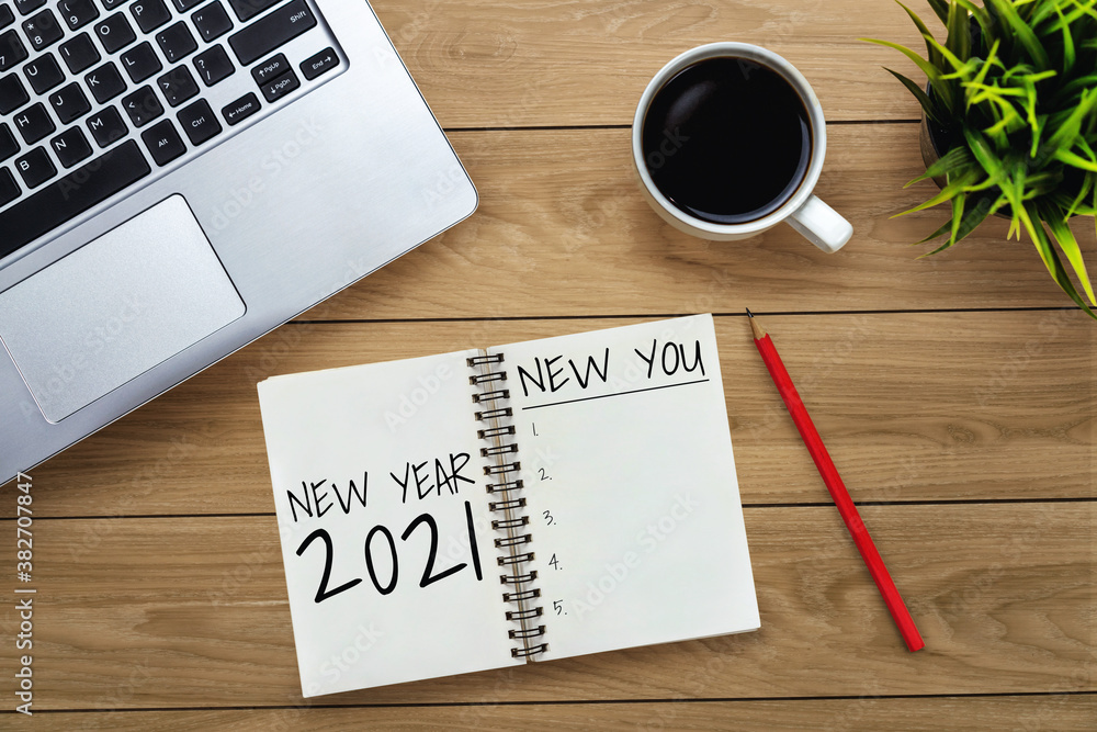 2021 Happy New Year Resolution Goal List - Business office desk with notebook written in handwriting