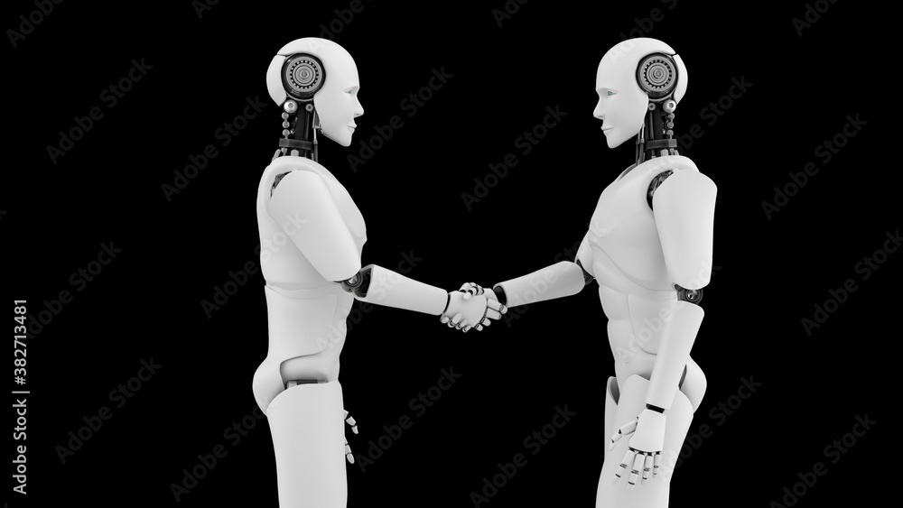 Futuristic robot handshake , artificial intelligence CGI on black background . Robotic man 3D render