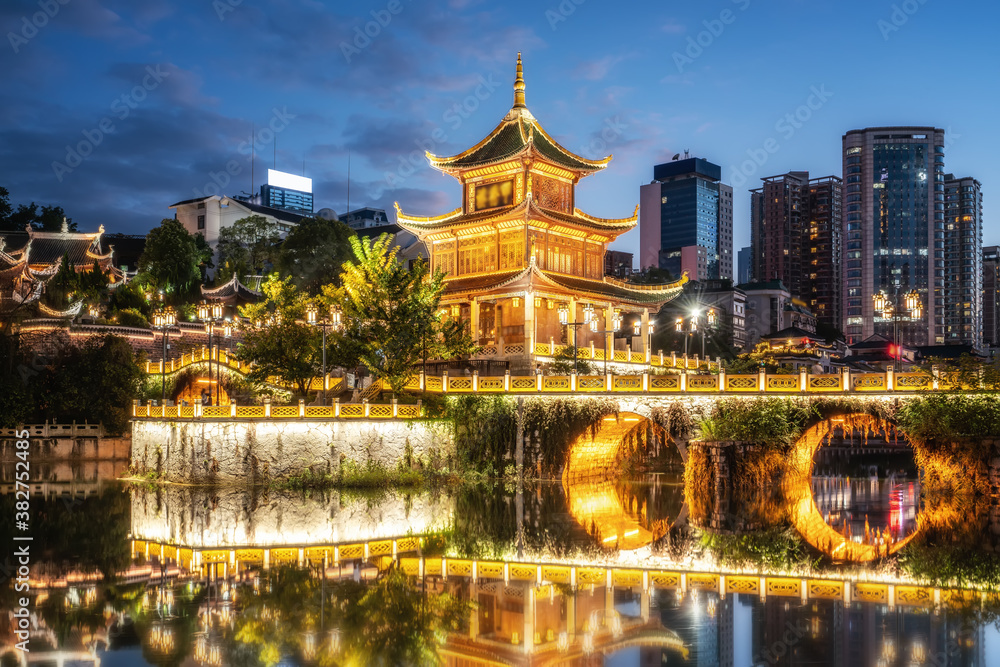 Guiyang China skyline at Jiaxiu Pavilion on the Nanming River