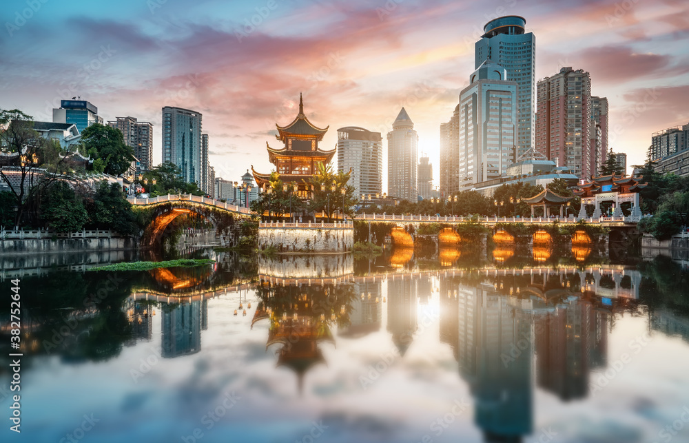 Guiyang China skyline at Jiaxiu Pavilion on the Nanming River