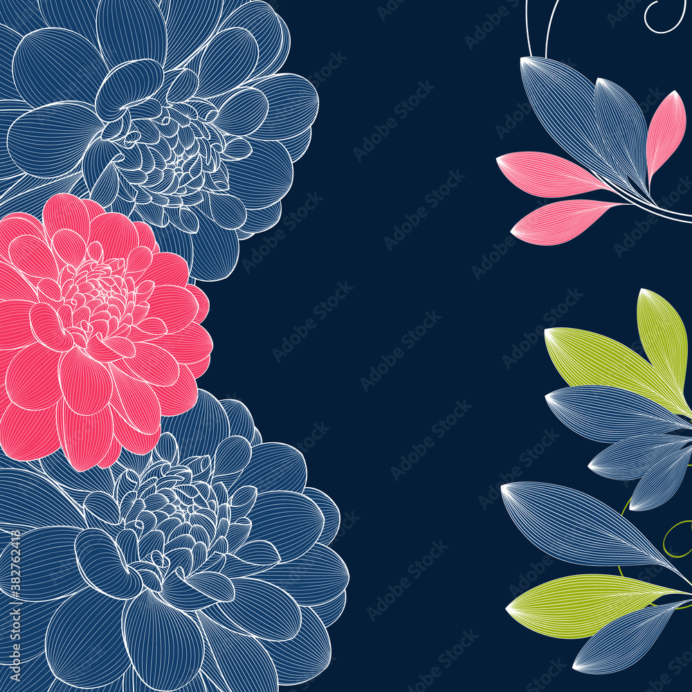 Floral background with blue dahlia flowers. Vector elements for wallpaper, wall decor, creativity, c