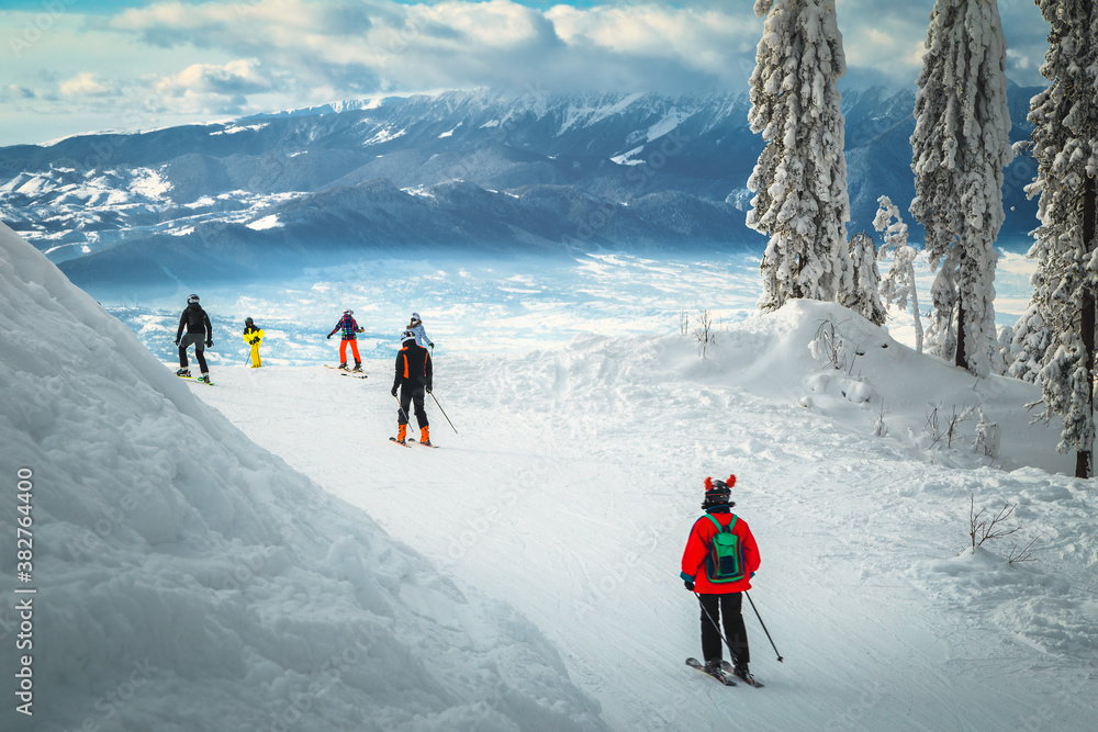 Ski slopes with active skiers and snowy trees, Transylvania, Romania