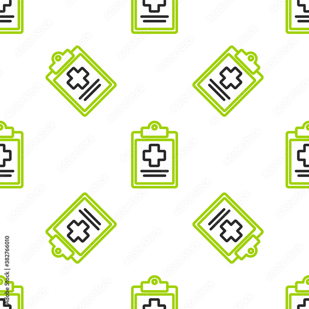 Line Medical clipboard with clinical record icon isolated seamless pattern on white background. Heal