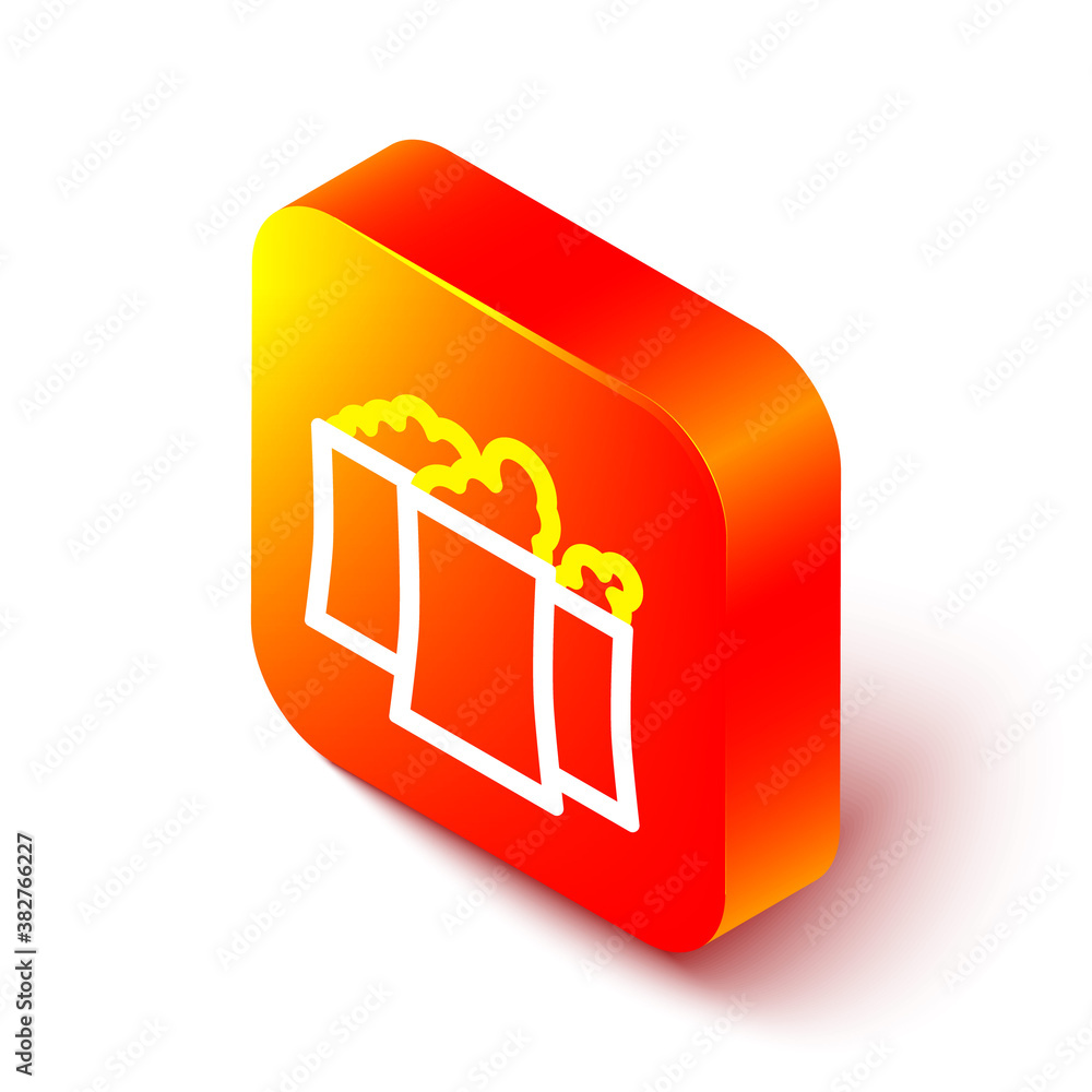 Isometric line Oil and gas industrial factory building icon isolated on white background. Orange squ