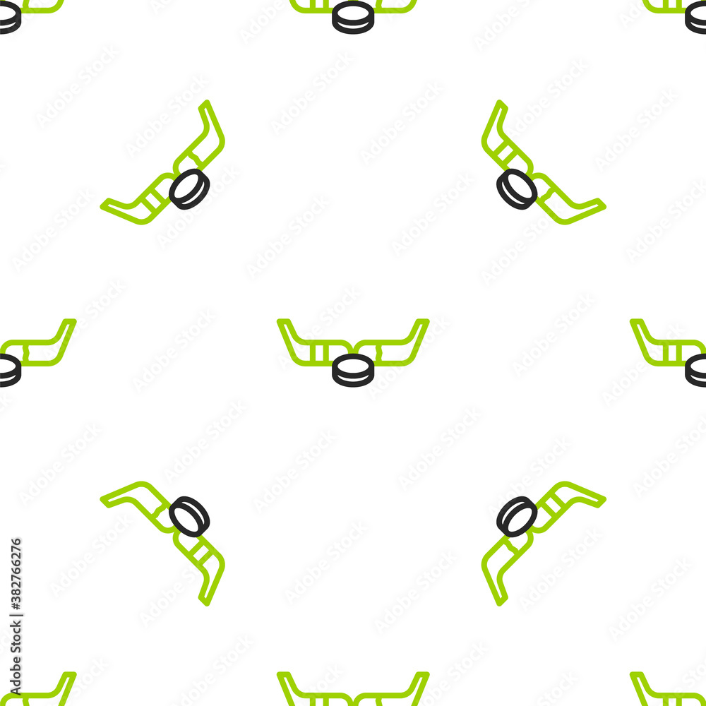 Line Ice hockey sticks and puck icon isolated seamless pattern on white background. Game start. Vect