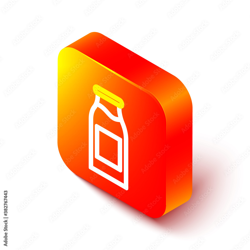 Isometric line Closed glass bottle with milk icon isolated on white background. Orange square button