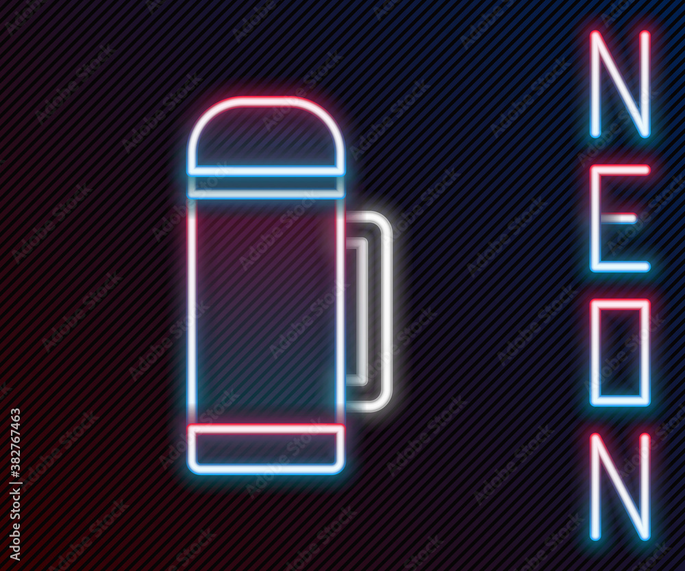 Glowing neon line Thermos container icon isolated on black background. Thermo flask icon. Camping an