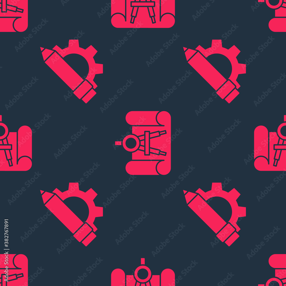 Set Pencil and gear and Graphing paper and compass on seamless pattern. Vector.