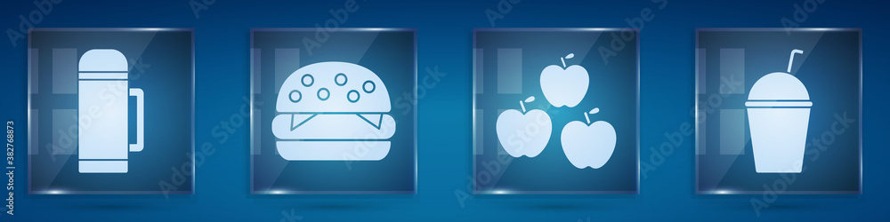 Set Thermos container, Burger, Apple and Milkshake. Square glass panels. Vector.