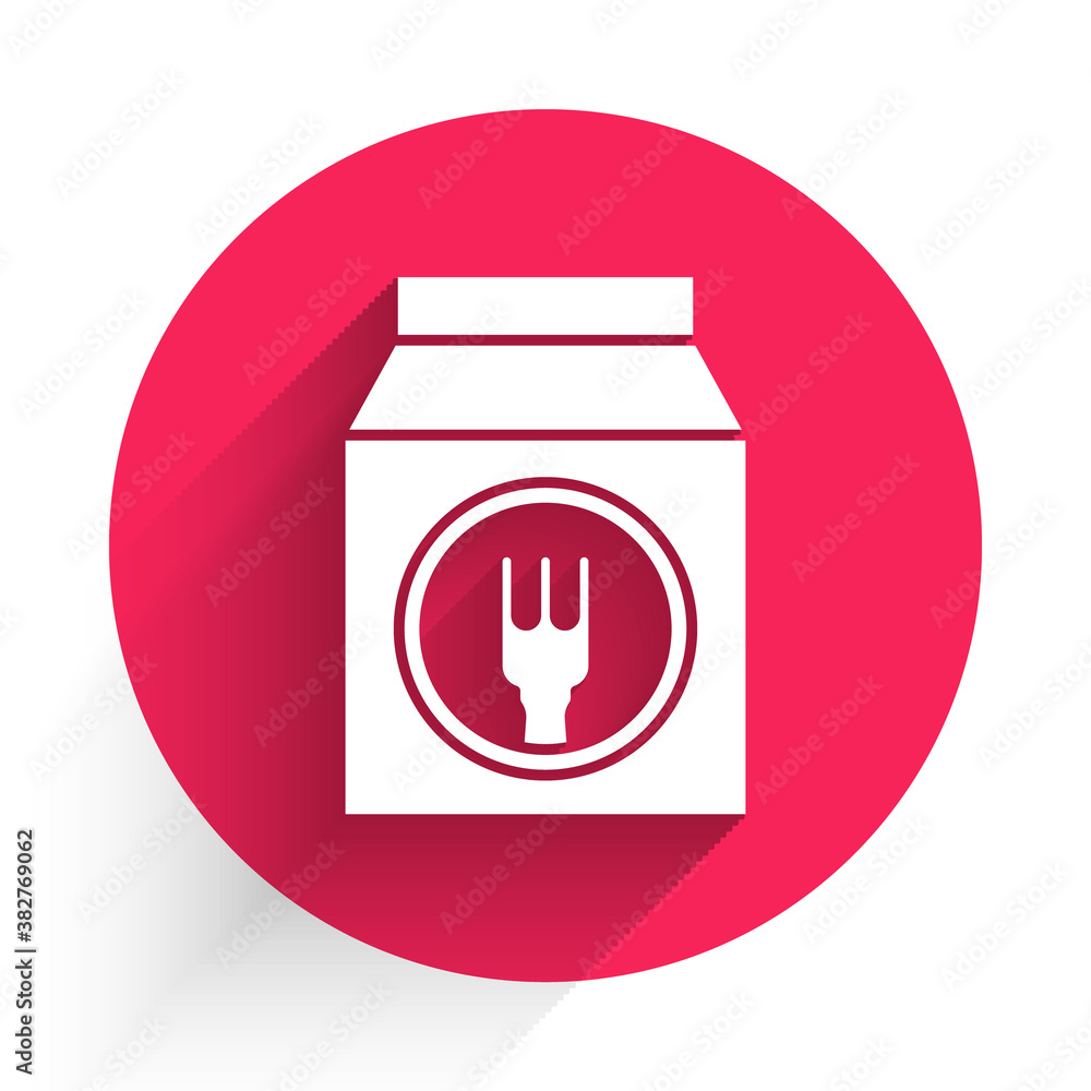 White Online ordering and fast food delivery icon isolated with long shadow. Red circle button. Vect